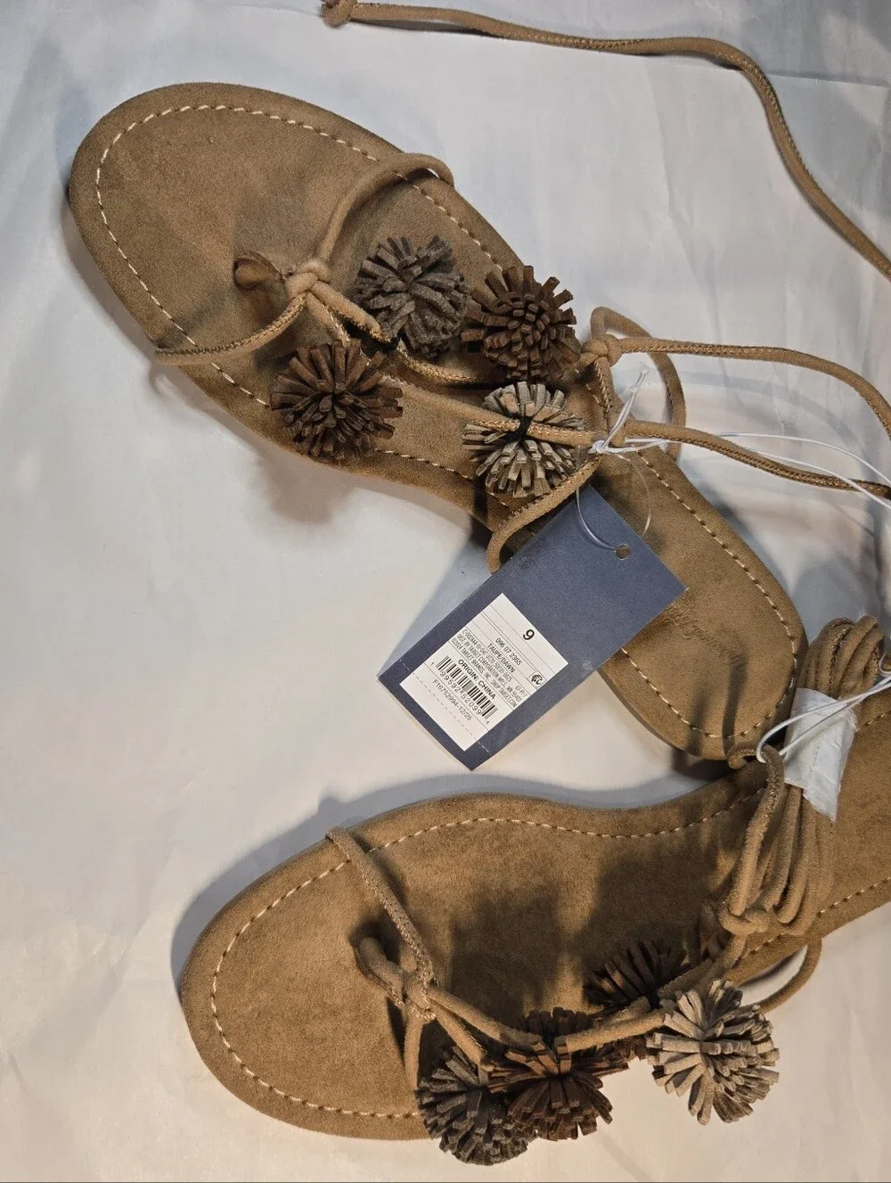Universal Thread Women's Tan Suede Pom Pom Lace-Up Sandals